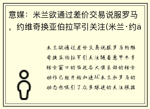意媒：米兰欲通过差价交易说服罗马，约维奇换亚伯拉罕引关注(米兰·约万诺维奇)