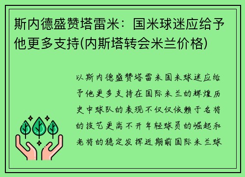 斯内德盛赞塔雷米：国米球迷应给予他更多支持(内斯塔转会米兰价格)