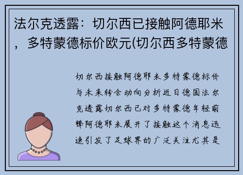 法尔克透露：切尔西已接触阿德耶米，多特蒙德标价欧元(切尔西多特蒙德欧冠历史)