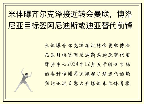 米体曝齐尔克泽接近转会曼联，博洛尼亚目标签阿尼迪斯或迪亚替代前锋